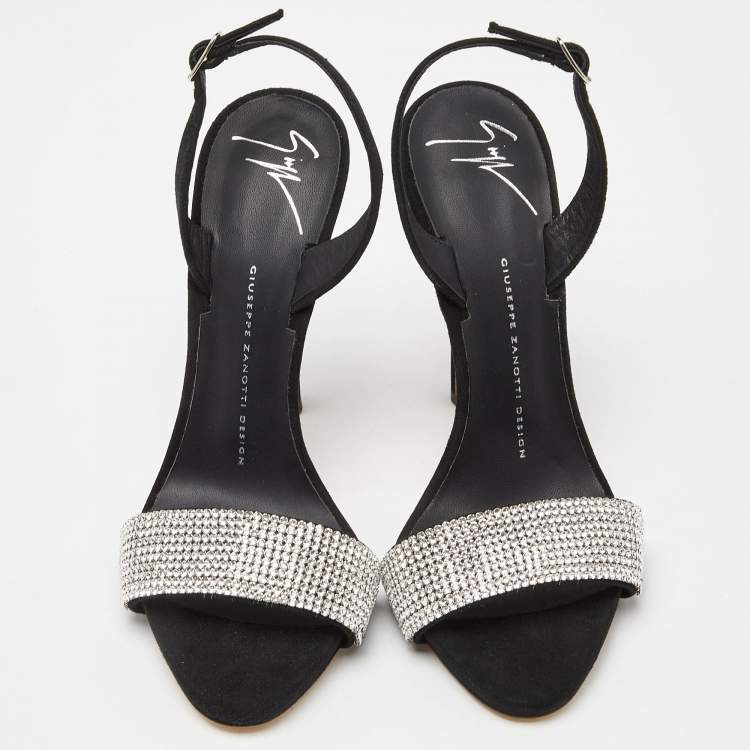 Pre Owned Giuseppe Zanotti Black Suede Crystal Embellished Ankle Strap Sandals Size 37