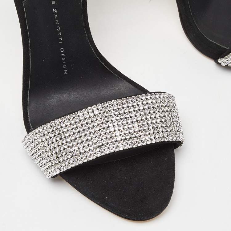 Pre Owned Giuseppe Zanotti Black Suede Crystal Embellished Ankle Strap Sandals Size 37