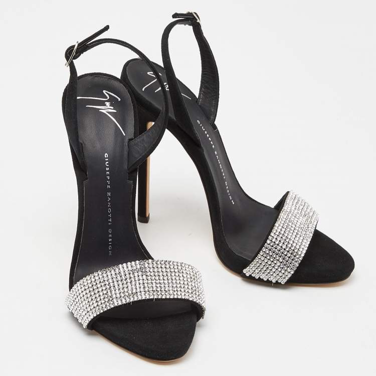 Pre Owned Giuseppe Zanotti Black Suede Crystal Embellished Ankle Strap Sandals Size 37