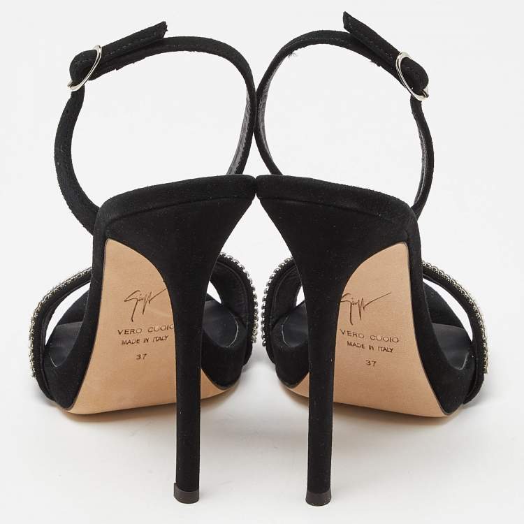 Pre Owned Giuseppe Zanotti Black Suede Crystal Embellished Ankle Strap Sandals Size 37