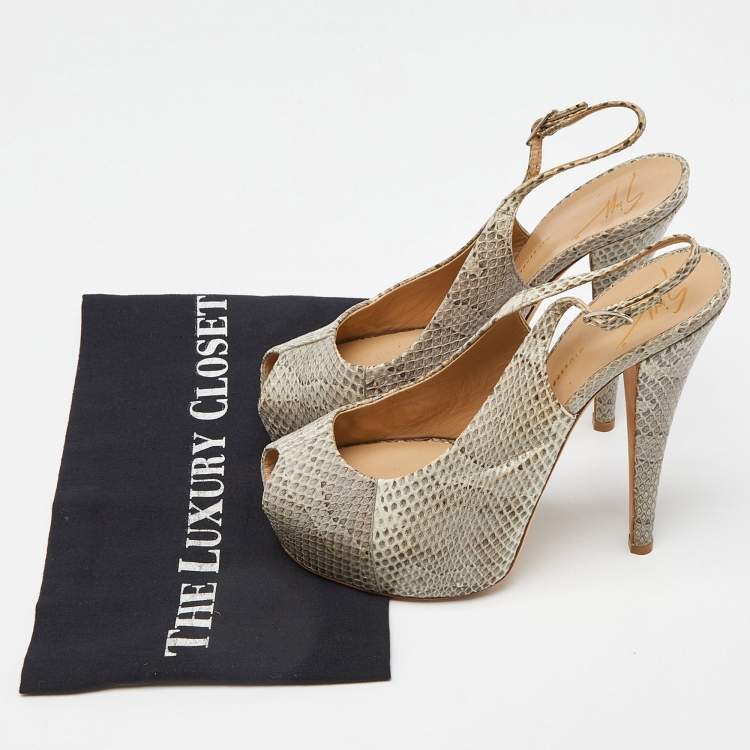 Pre Owned Giuseppe Zanotti Beige Python Leather Platform Peep Toe Slingback Sandals Size 38.5