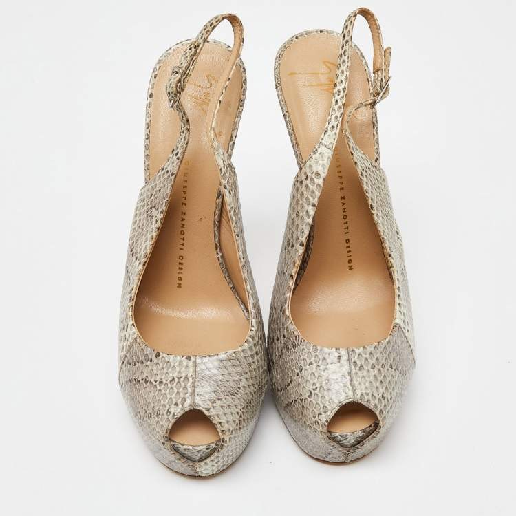 Pre Owned Giuseppe Zanotti Beige Python Leather Platform Peep Toe Slingback Sandals Size 38.5