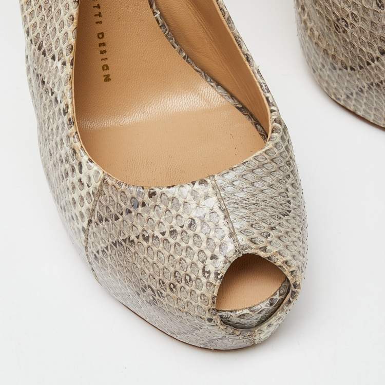 Pre Owned Giuseppe Zanotti Beige Python Leather Platform Peep Toe Slingback Sandals Size 38.5
