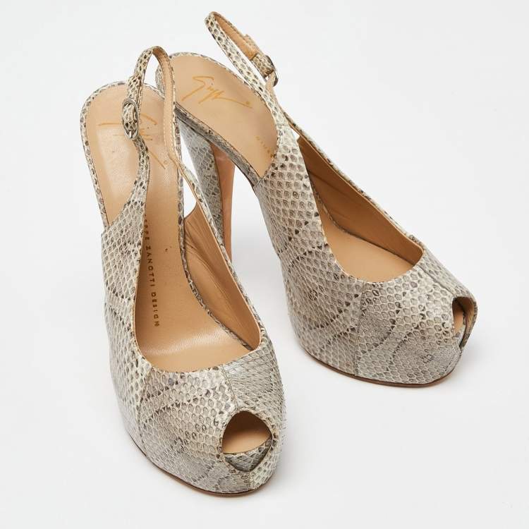 Pre Owned Giuseppe Zanotti Beige Python Leather Platform Peep Toe Slingback Sandals Size 38.5