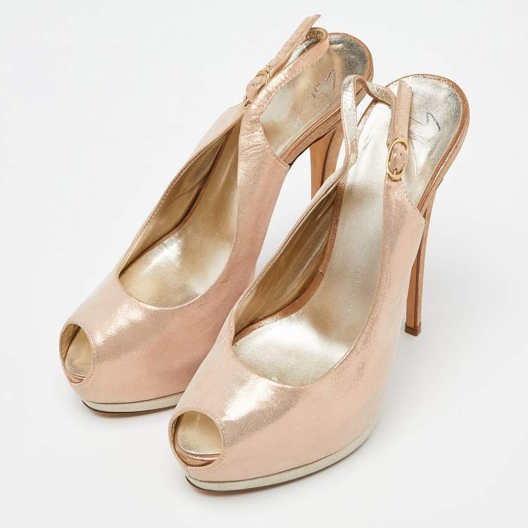Pre Owned Giuseppe Zanotti Pink Glitter Nubuck Leather Peep Toe Platform Slingback Sandals Size 39