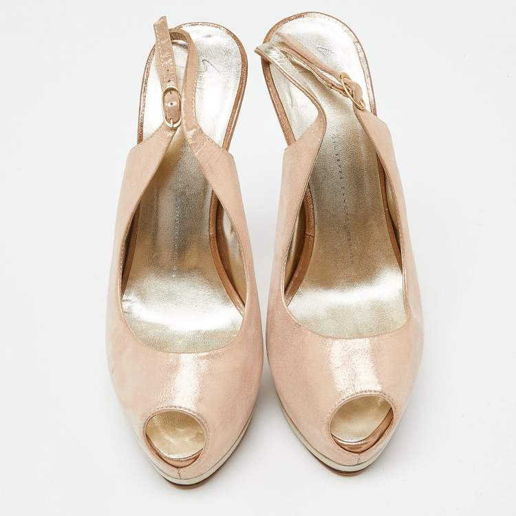 Pre Owned Giuseppe Zanotti Pink Glitter Nubuck Leather Peep Toe Platform Slingback Sandals Size 39