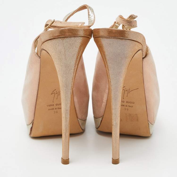 Pre Owned Giuseppe Zanotti Pink Glitter Nubuck Leather Peep Toe Platform Slingback Sandals Size 39