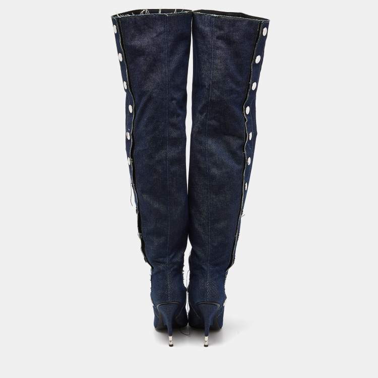 Pre Owned Giuseppe Zanotti Blue/Black Denim and Patent Leather Over The Knee Length Boots Size 40