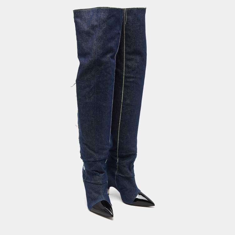 Pre Owned Giuseppe Zanotti Blue/Black Denim and Patent Leather Over The Knee Length Boots Size 40
