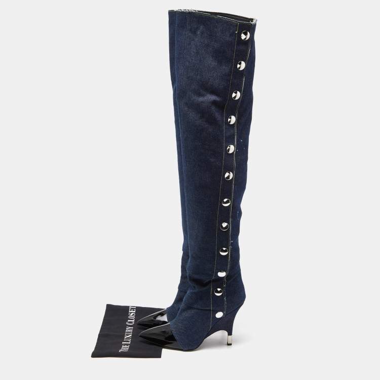 Pre Owned Giuseppe Zanotti Blue/Black Denim and Patent Leather Over The Knee Length Boots Size 40