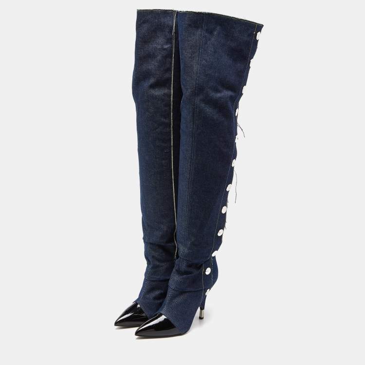 Pre Owned Giuseppe Zanotti Blue/Black Denim and Patent Leather Over The Knee Length Boots Size 40