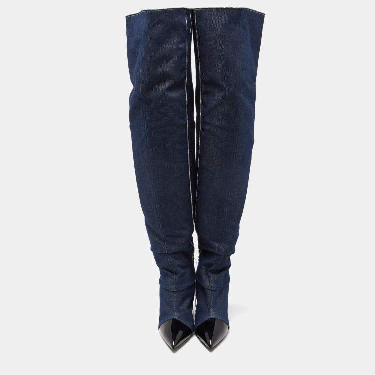 Pre Owned Giuseppe Zanotti Blue/Black Denim and Patent Leather Over The Knee Length Boots Size 40