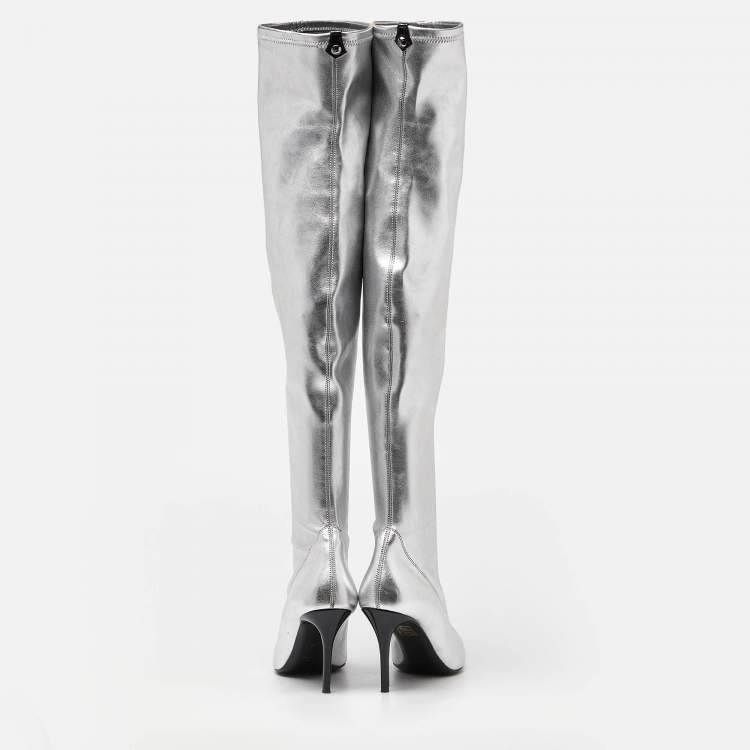Pre Owned Giuseppe Zanotti Silver Foil Leather Over The Knee Pointed Toe Boots Size 40