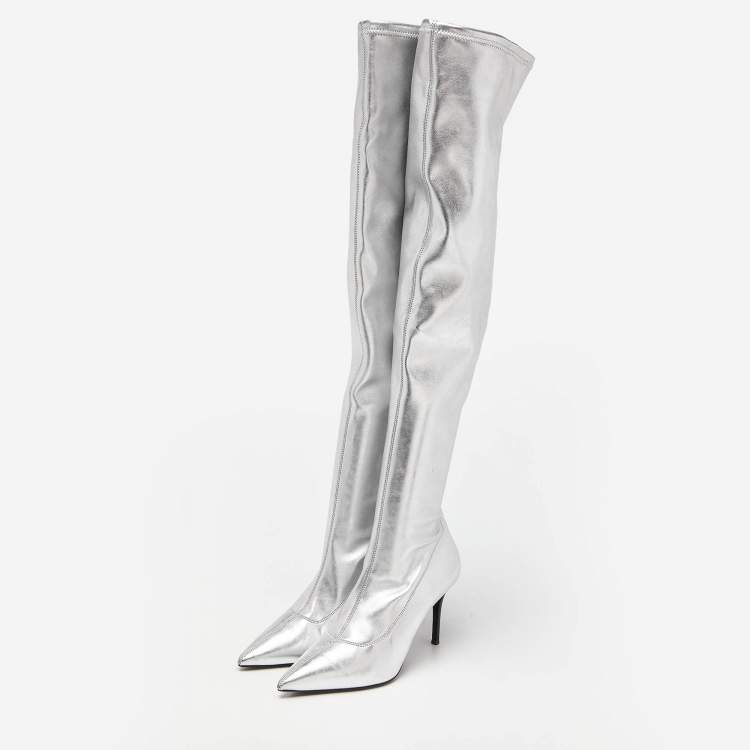 Pre Owned Giuseppe Zanotti Silver Foil Leather Over The Knee Pointed Toe Boots Size 40