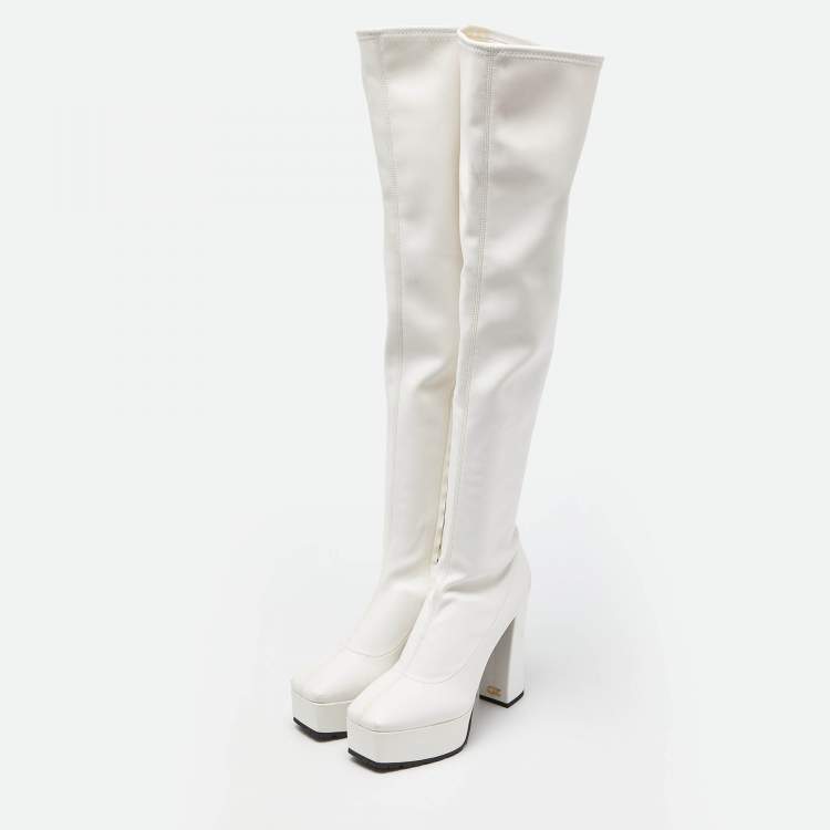 Pre Owned Giuseppe Zanotti White Leather Morgana Over The Knee Length Platform Boots Size 39.5