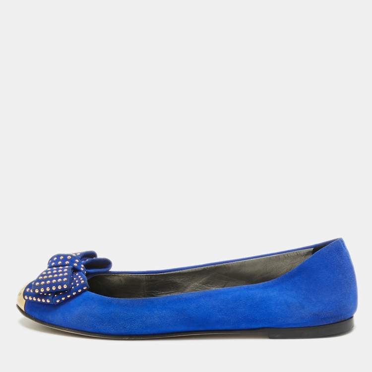 Pre Owned Giuseppe Zanotti Blue Suede and Gold Cap Toe Studded Bow Ballet Flats Size 38.5