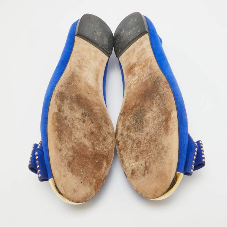 Pre Owned Giuseppe Zanotti Blue Suede and Gold Cap Toe Studded Bow Ballet Flats Size 38.5