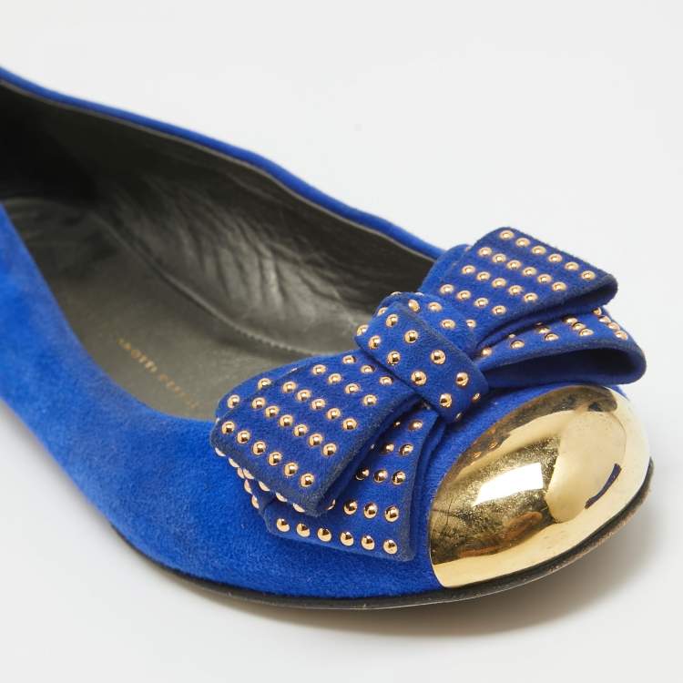 Pre Owned Giuseppe Zanotti Blue Suede and Gold Cap Toe Studded Bow Ballet Flats Size 38.5