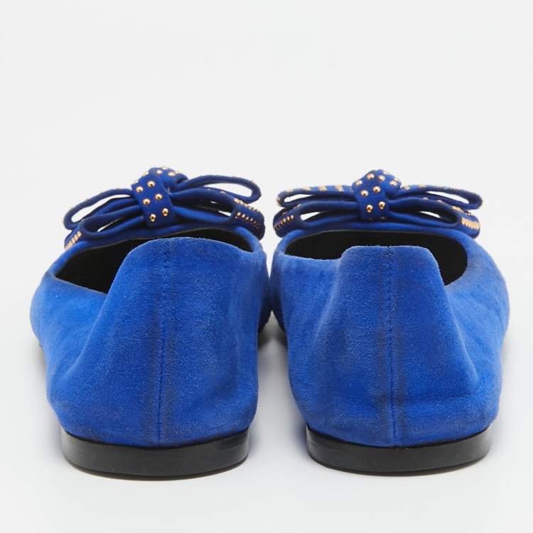 Pre Owned Giuseppe Zanotti Blue Suede and Gold Cap Toe Studded Bow Ballet Flats Size 38.5