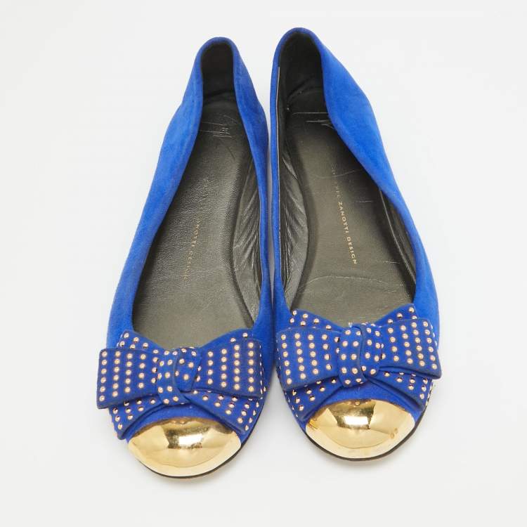 Pre Owned Giuseppe Zanotti Blue Suede and Gold Cap Toe Studded Bow Ballet Flats Size 38.5