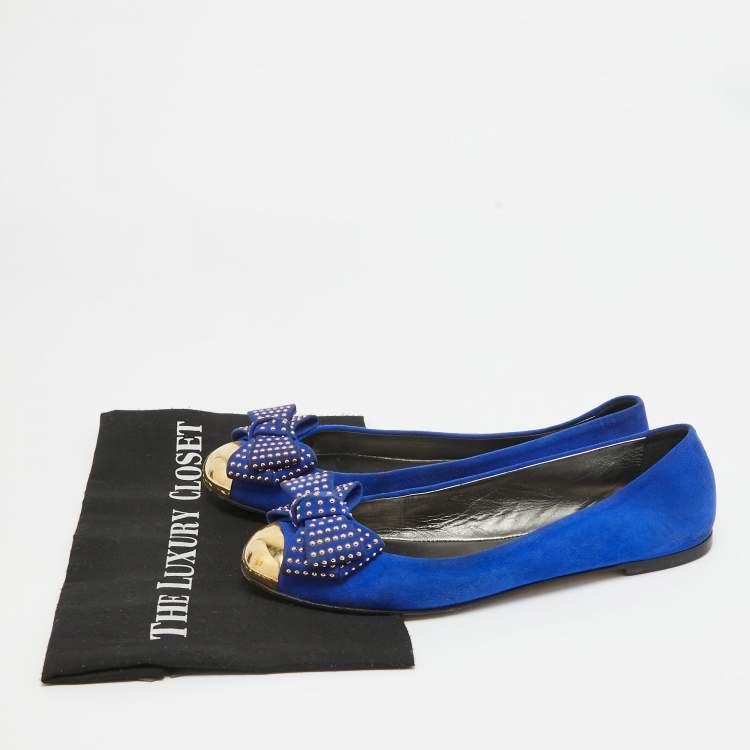 Pre Owned Giuseppe Zanotti Blue Suede and Gold Cap Toe Studded Bow Ballet Flats Size 38.5