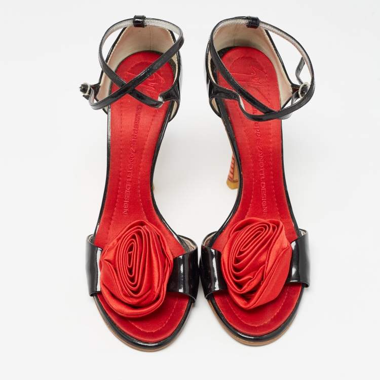 Pre Owned Giuseppe Zanotti Black/Red Patent Leather and Satin Rose Applique Sandals Size 37.5