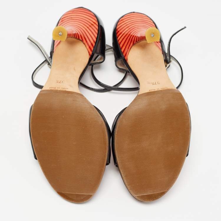 Pre Owned Giuseppe Zanotti Black/Red Patent Leather and Satin Rose Applique Sandals Size 37.5