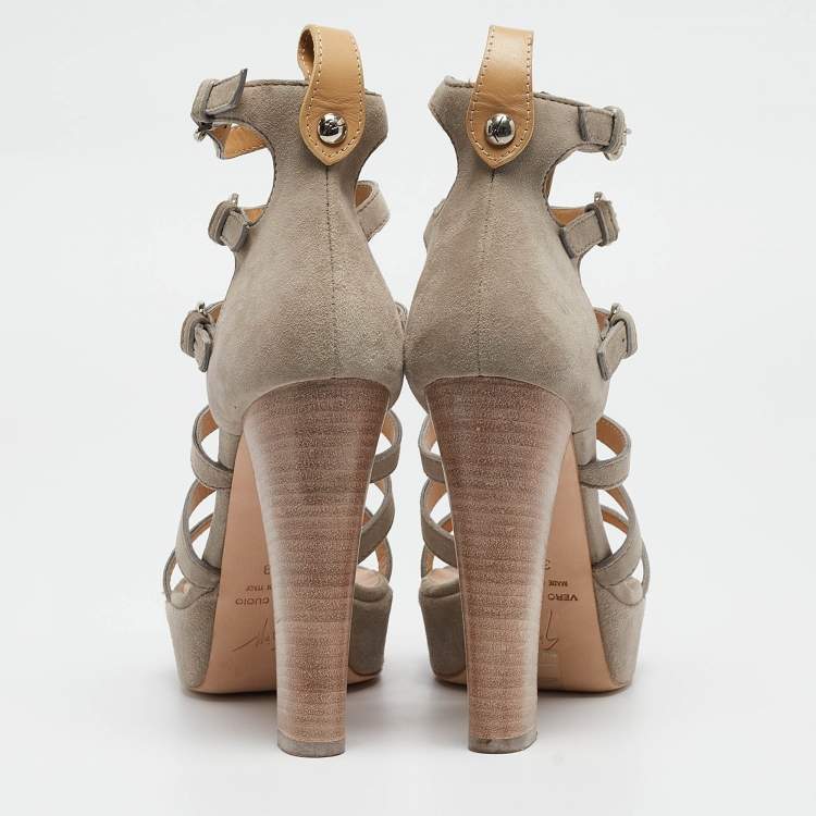 Pre Owned Giuseppe Zanotti Light Grey Suede Cage Open Toe Platform Sandals Size 39