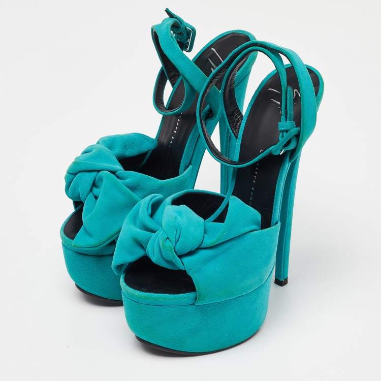 Pre Owned Giuseppe Zanotti Blue Suede Bow Platform Sandals Size 36