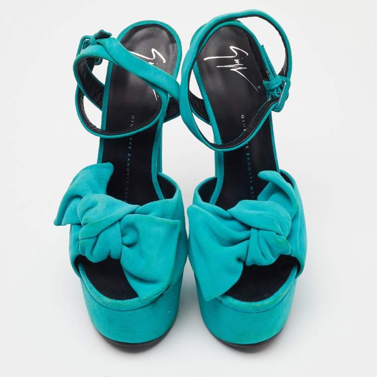 Pre Owned Giuseppe Zanotti Blue Suede Bow Platform Sandals Size 36