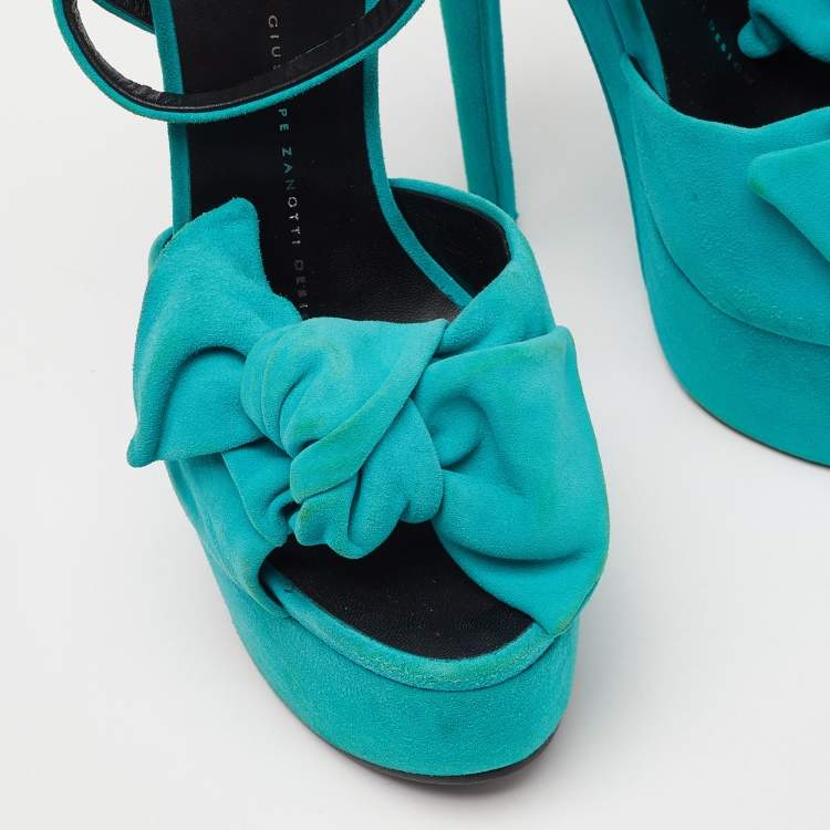 Pre Owned Giuseppe Zanotti Blue Suede Bow Platform Sandals Size 36