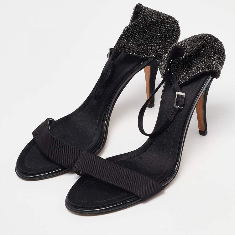 Pre Owned Giuseppe Zanotti Black Fabric and Crystal Embellished Ankle Strap Sandals Size 39.5