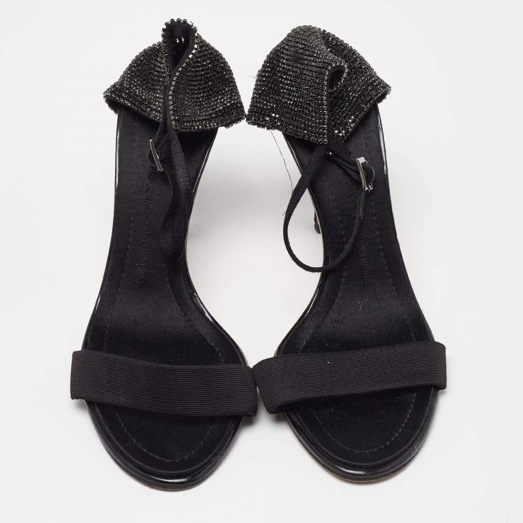 Pre Owned Giuseppe Zanotti Black Fabric and Crystal Embellished Ankle Strap Sandals Size 39.5