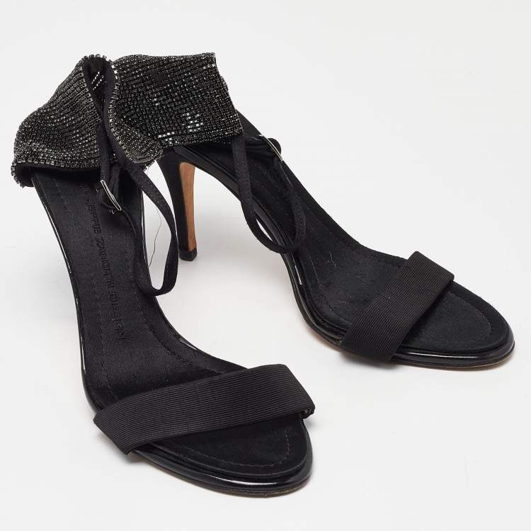 Pre Owned Giuseppe Zanotti Black Fabric and Crystal Embellished Ankle Strap Sandals Size 39.5