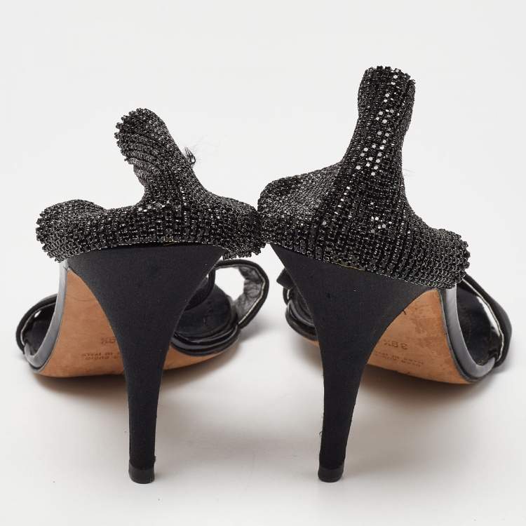 Pre Owned Giuseppe Zanotti Black Fabric and Crystal Embellished Ankle Strap Sandals Size 39.5