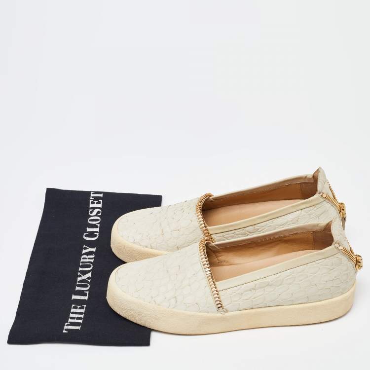 Pre Owned Giuseppe Zanotti Cream Croc Embossed Leather Slip-On Sneakers Size 40