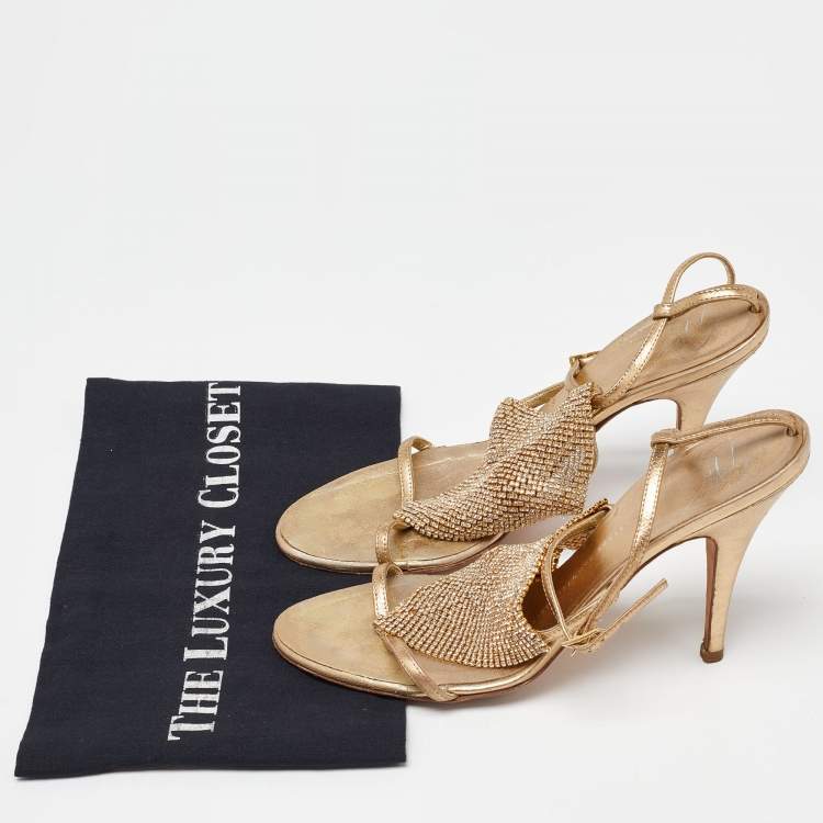 Pre Owned Giuseppe Zanotti Gold Leather Crystal Embellished Sandals Size 38.5