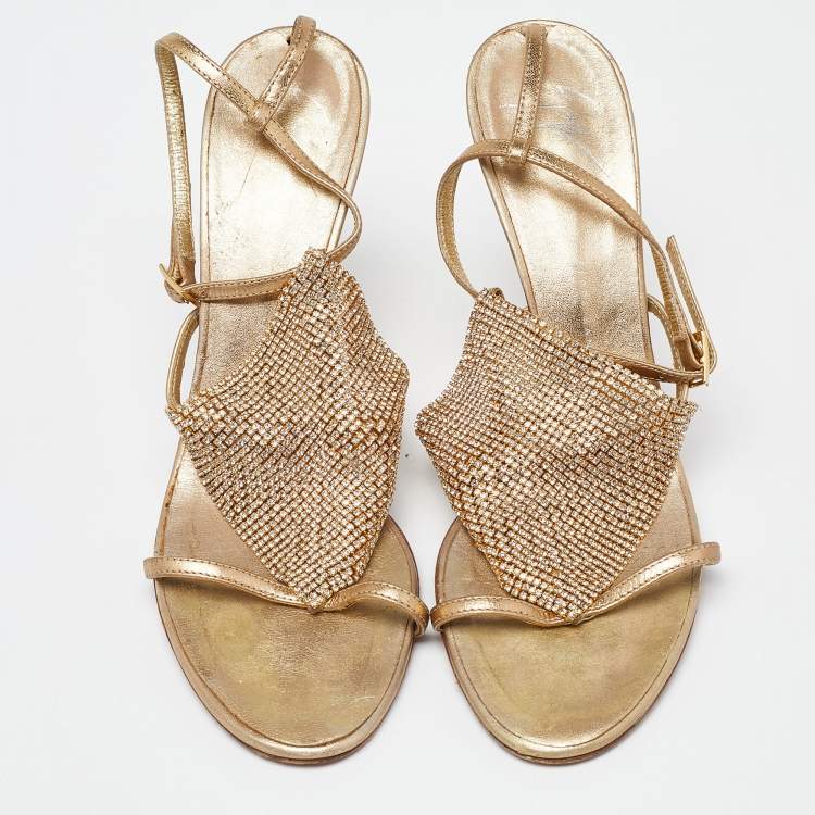 Pre Owned Giuseppe Zanotti Gold Leather Crystal Embellished Sandals Size 38.5