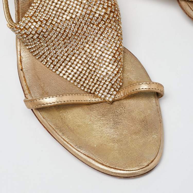Pre Owned Giuseppe Zanotti Gold Leather Crystal Embellished Sandals Size 38.5