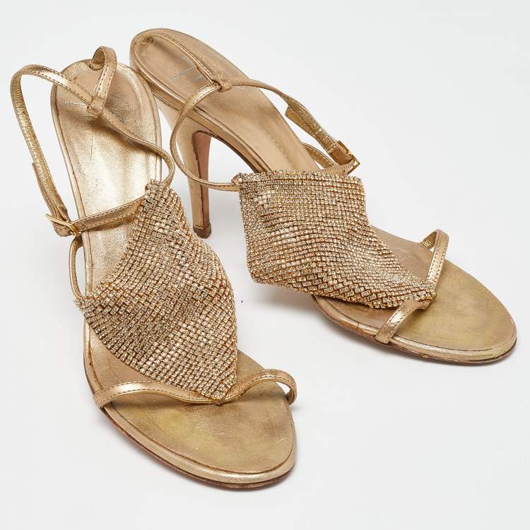 Pre Owned Giuseppe Zanotti Gold Leather Crystal Embellished Sandals Size 38.5