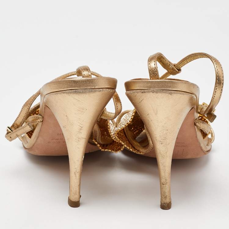 Pre Owned Giuseppe Zanotti Gold Leather Crystal Embellished Sandals Size 38.5
