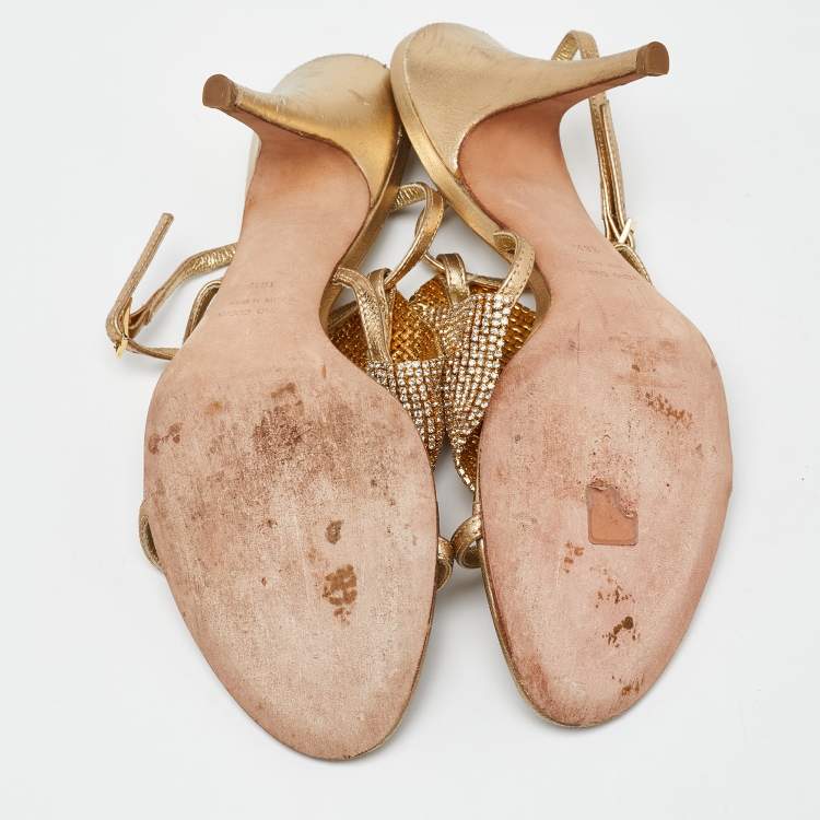 Pre Owned Giuseppe Zanotti Gold Leather Crystal Embellished Sandals Size 38.5