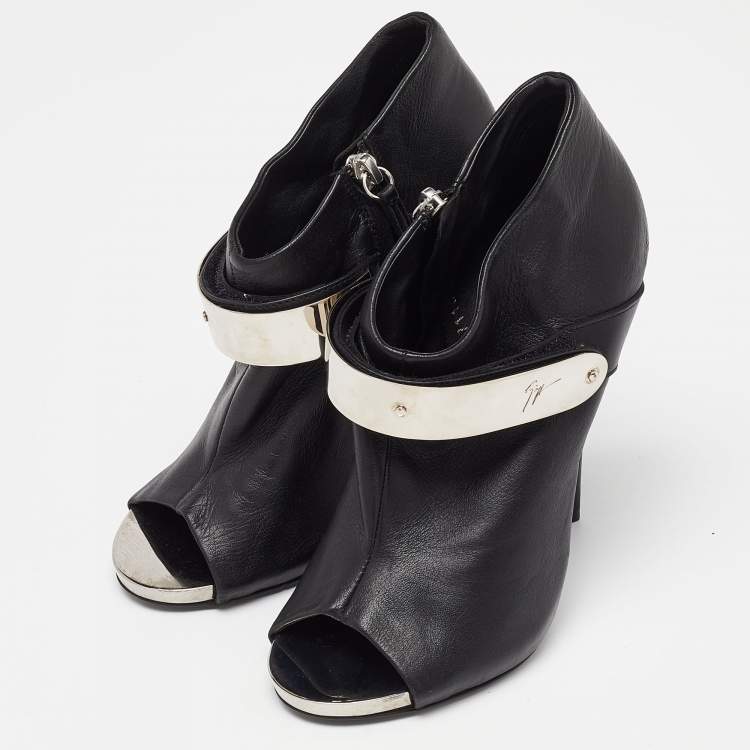 Pre Owned Giuseppe Zanotti Black Leather Plated Peep Toe Ankle Booties Size 38