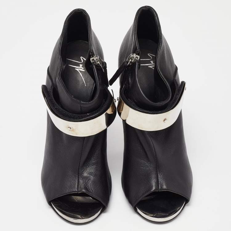 Pre Owned Giuseppe Zanotti Black Leather Plated Peep Toe Ankle Booties Size 38
