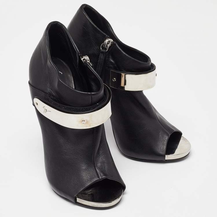 Pre Owned Giuseppe Zanotti Black Leather Plated Peep Toe Ankle Booties Size 38