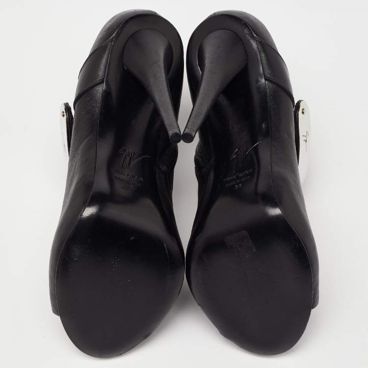 Pre Owned Giuseppe Zanotti Black Leather Plated Peep Toe Ankle Booties Size 38