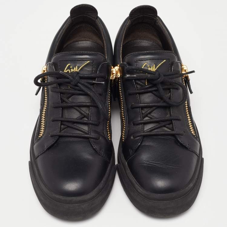 Pre Owned Giuseppe Zanotti Black Leather Double Zipper Low Top Sneakers Size 39