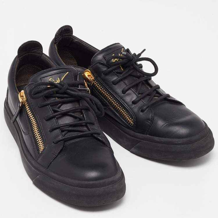 Pre Owned Giuseppe Zanotti Black Leather Double Zipper Low Top Sneakers Size 39