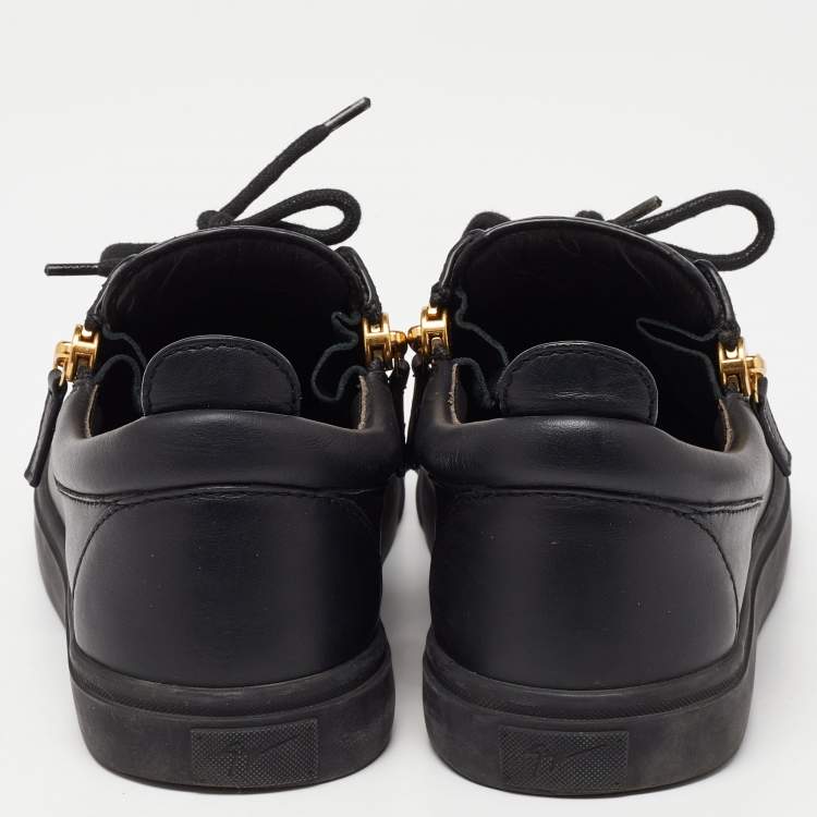 Pre Owned Giuseppe Zanotti Black Leather Double Zipper Low Top Sneakers Size 39