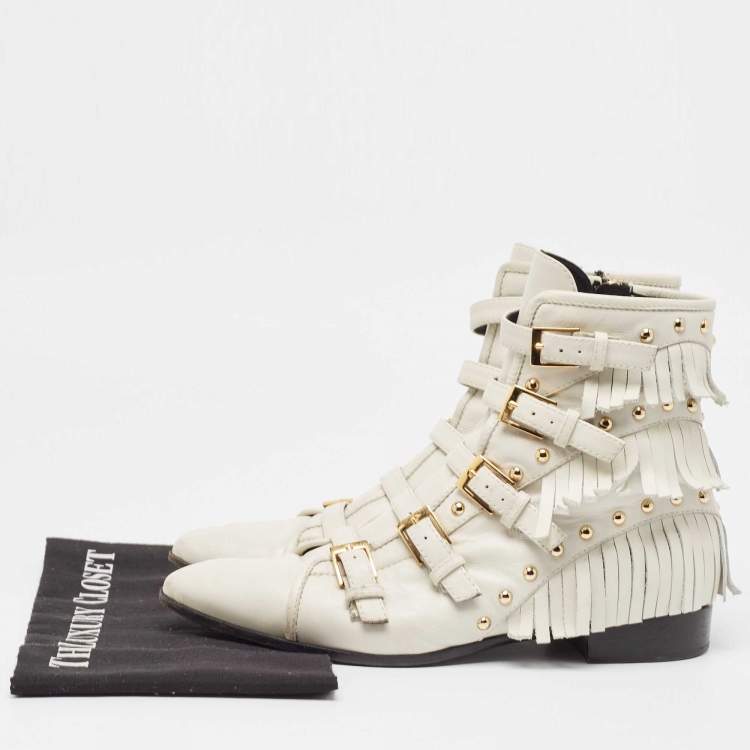 Pre Owned Giuseppe Zanotti Cream Leather Studded and Fringed Buckled Ankle Boots Size 39